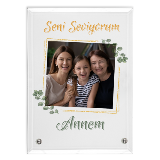Seni Seviyorum Annem - Glasaufsteller Hochformat (Personalisiert Wunschfoto)